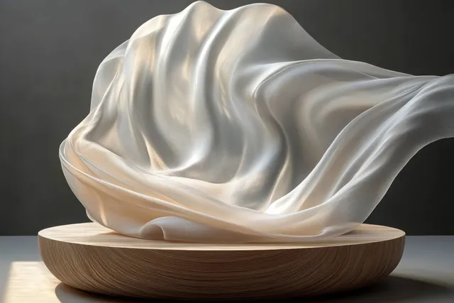 Round wooden pedestal draped with flowing transparent silk fabric on black studio background
