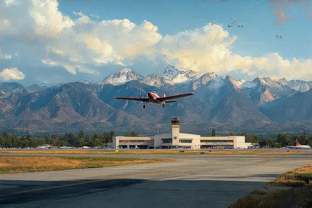Red airplane lifting off runway at mountain airport with snow peaks and clouds