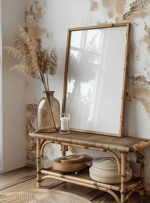 Boho interior corner with a wooden shelf, blank art frame, and rattan decor against a textured neutral wall.