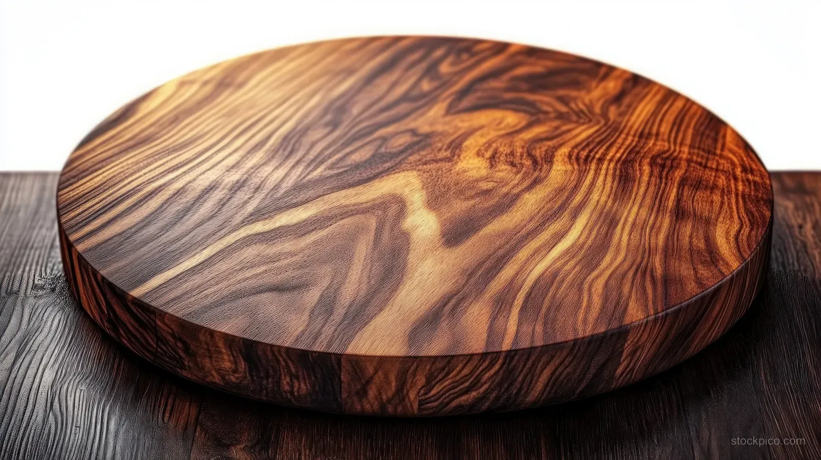 Round wooden cutting board with swirling grain resting on a dark wooden tabletop.