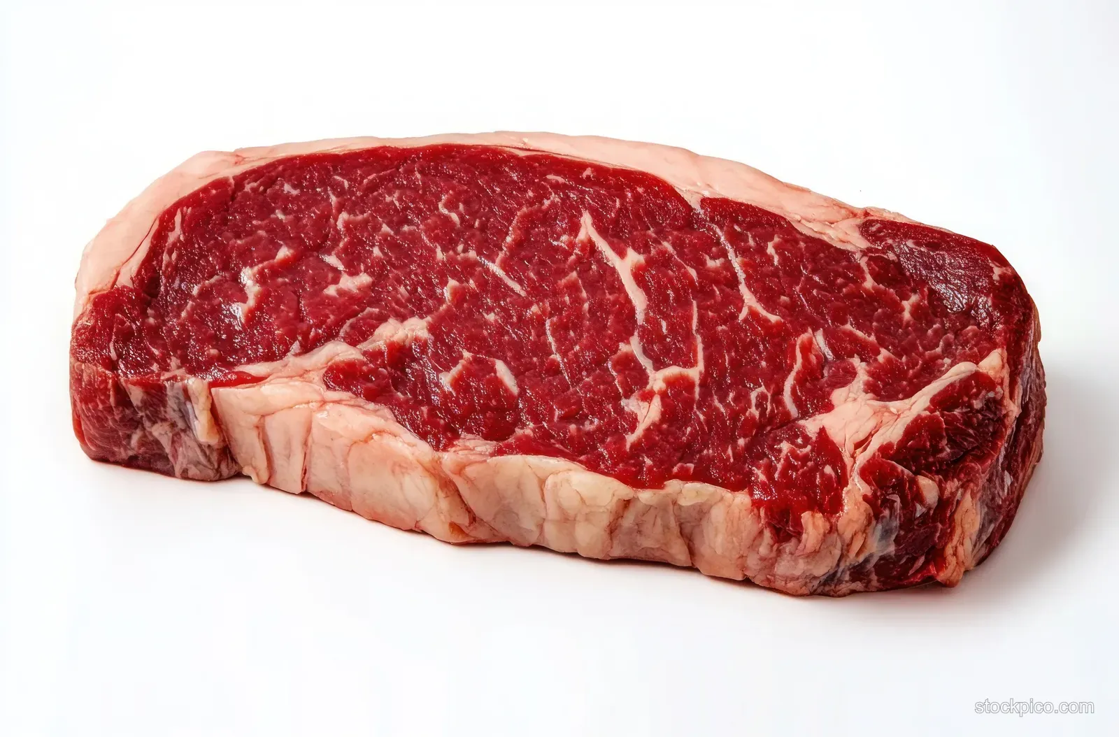 A close-up of a raw marbled beef steak with visible fat edges on a white background.