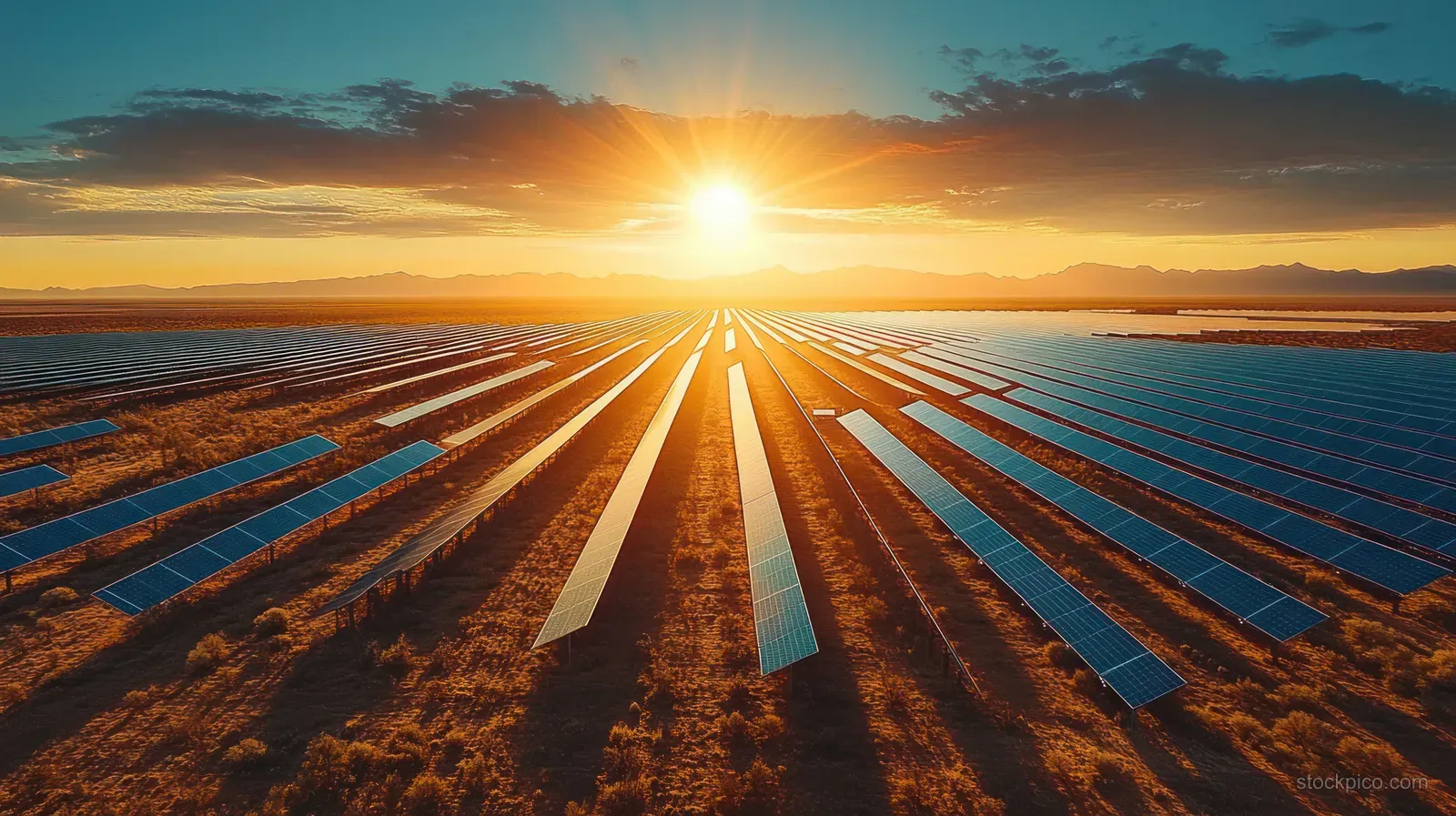 Sunrise over a desert solar farm shows rows of photovoltaic panels with glowing rays spreading toward the horizon.