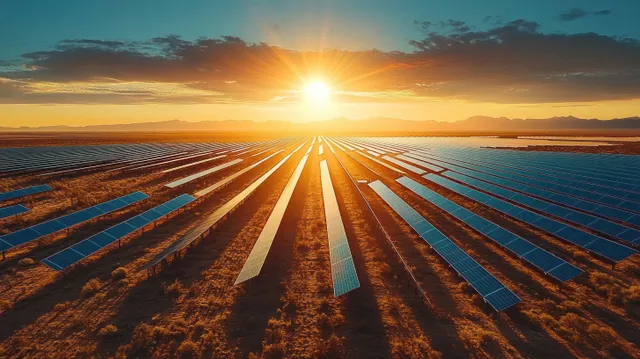 Sunrise over a desert solar farm shows rows of photovoltaic panels with glowing rays spreading toward the horizon.