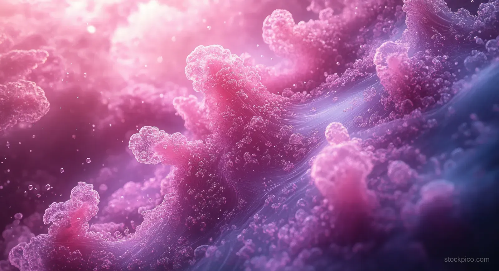 Translucent pink and lavender underwater organisms drift through misty light beams.
