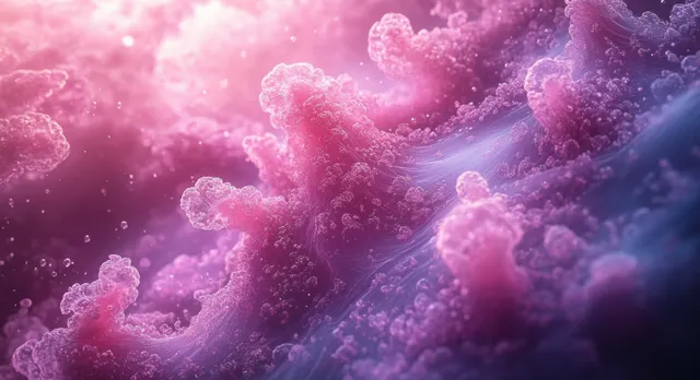 Translucent pink and lavender underwater organisms drift through misty light beams.