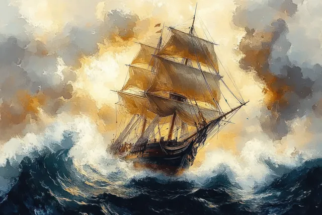 Old sailing ship surges through rough waves, sails straining under stormy cloudy sky