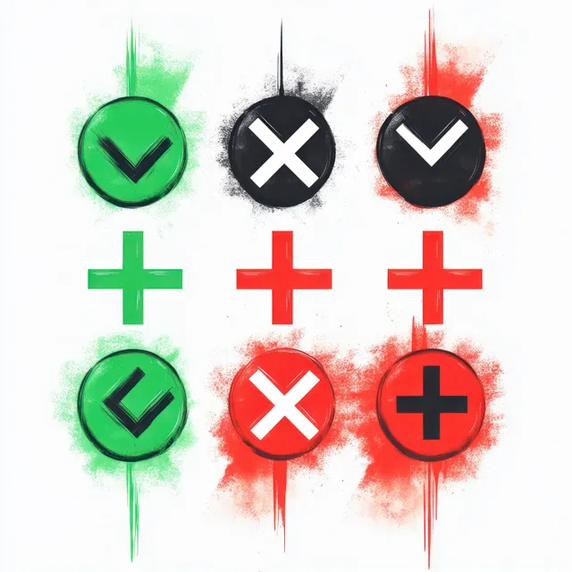 Nueve iconos circulares en una cuadrícula muestran marcas de verificación verdes, cruces negras y rojas, y signos más rojos con salpicaduras de pintura en aerosol.