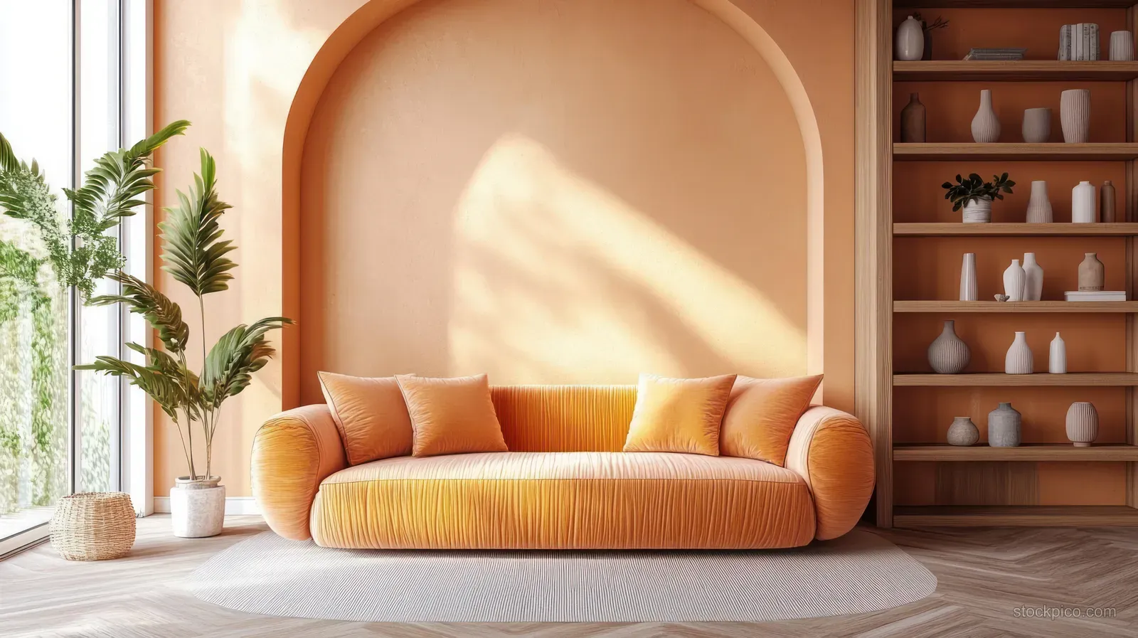 Sunlit Scandinavian living room showing a peach sofa centered with minimalist shelves, vases, and indoor plants.