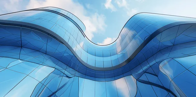Futuristic curved glass office tower facade under blue sky, 3D architectural closeup