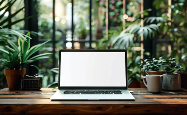 Open laptop on a wooden table surrounded by potted green plants in a bright, airy room.