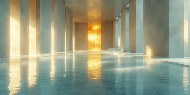 Empty concrete interior with pillars and warm ambient lighting reflected in a still pool toward an ocean view.
