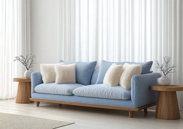 Scandinavian living room with light blue sofa, fluffy pillows, sheer curtain glow with Wood Side Table