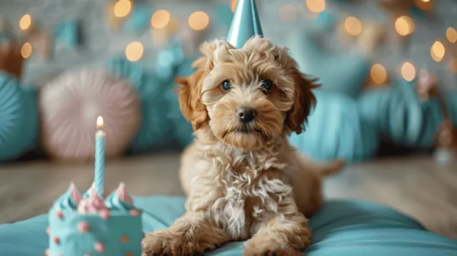 Golden doodle puppy wearing a birthday hat, sitting beside a cake with lit candle