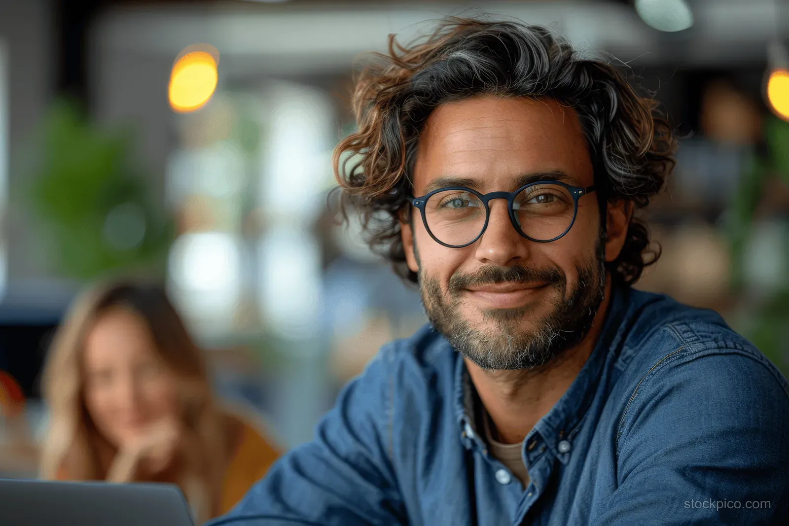 A businessman with glasses smiles while reviewing a project with a colleague in a bright office meeting.