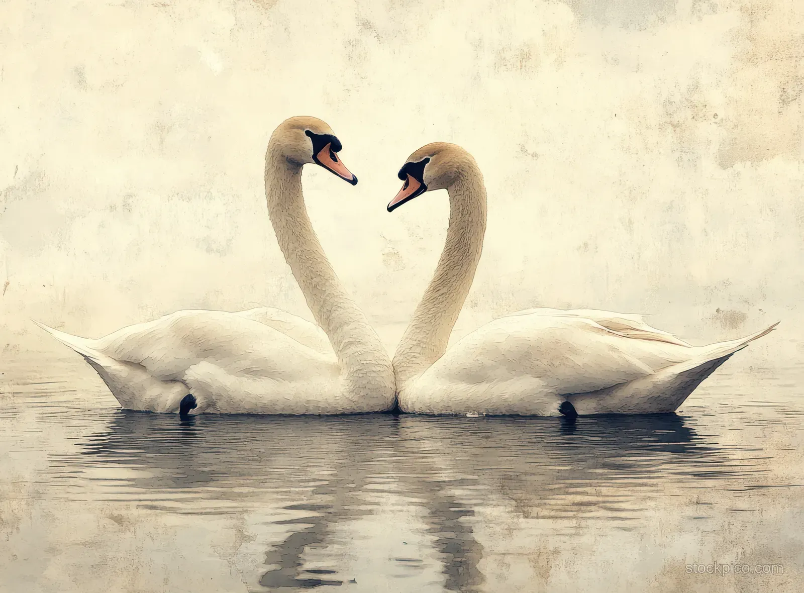 Two swans swim facing each other on a calm lake as sunrise light creates gentle reflections and ripples.