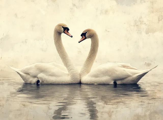 Watercolor two swans facing each other on a misty lake at sunrise, soft earthy tones