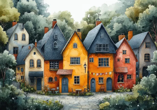 Watercolor village street with colorful quirky houses, cobblestones, lampposts, and hanging flags under trees.