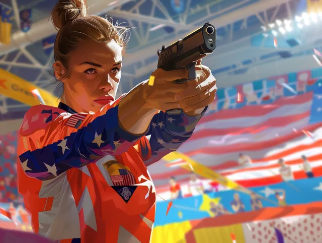 An American pistol shooter in a patriotic jersey aims at a target in an indoor range with banners behind.