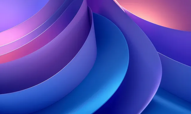 Blue and purple 3D ribbon waves curl across a smooth abstract gradient background.