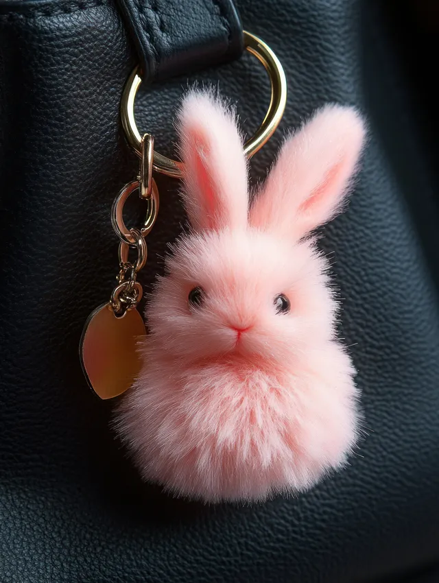 Pink fluffy bunny keychain with black eyes hangs from a golden ring on textured black leather.