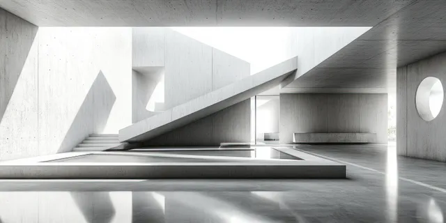 Empty concrete interior with angular walls and a raised platform, lit from behind with long shadows.
