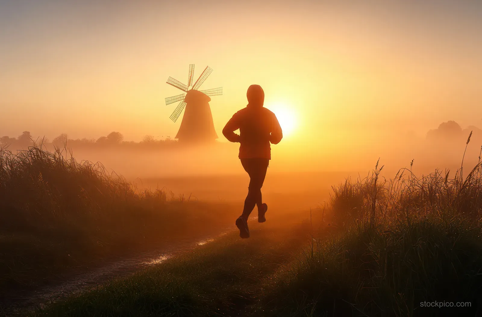 A person jogs along a foggy path at sunrise with a silhouetted windmill in the background.