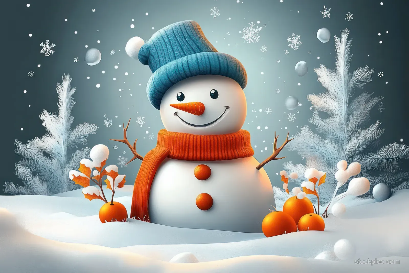 A cheerful snowman with a knit hat and scarf stands in a snowy field as snowflakes fall.