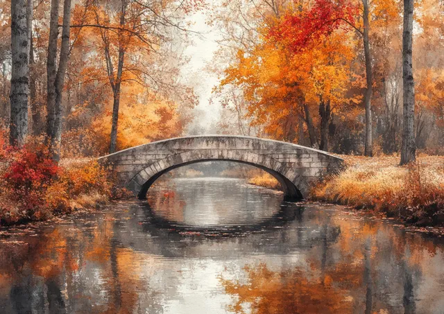 Autumn canal bridge reflected in still water beneath glowing fall trees