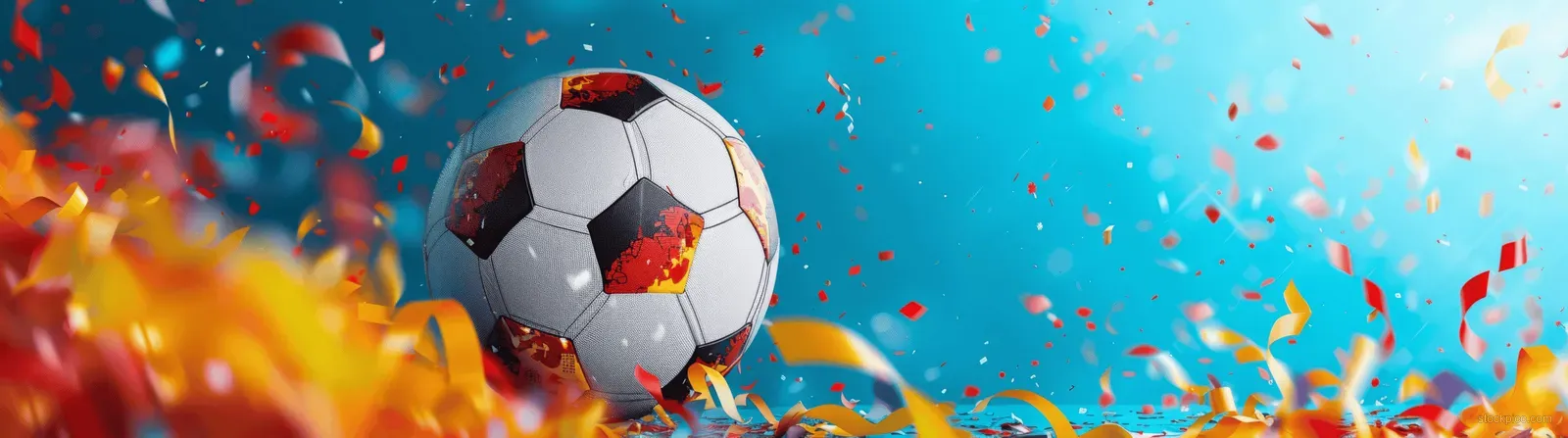 A soccer ball surrounded by red yellow white streamers and confetti over a bright blue celebration background.