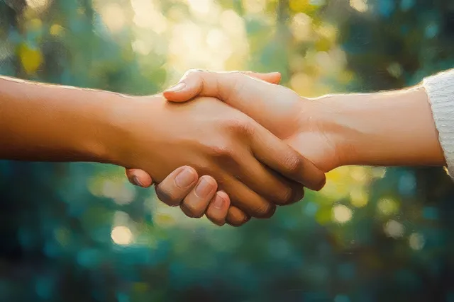 Two people clasp hands in a supportive handshake with warm sunlight and blurred outdoor background.
