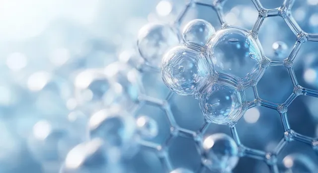 Translucent blue serum droplets and glowing cell spheres connected by hexagonal patterns on a soft science background.