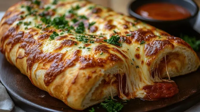 Golden calzone with stretched melted cheese sits beside a small bowl of marinara sauce and chopped herbs.