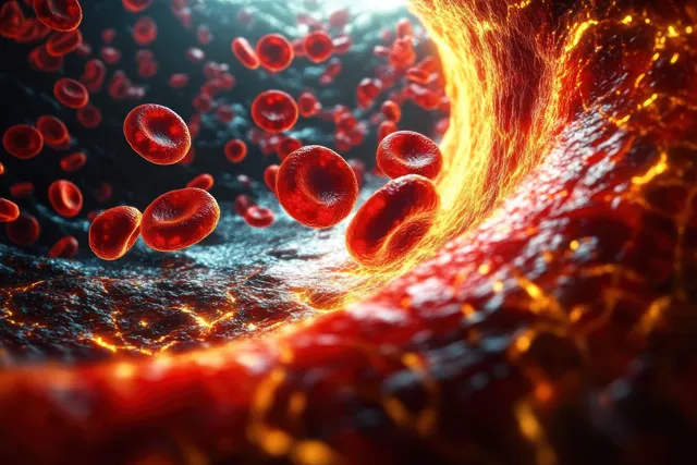 Red blood cells stream through a glowing, textured blood vessel interior under dynamic microscopic lighting.