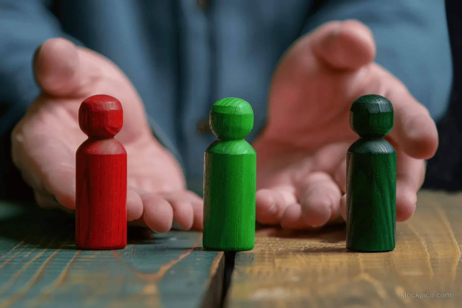 Hands position red and green wooden figures on a table, representing mediation and compromise.