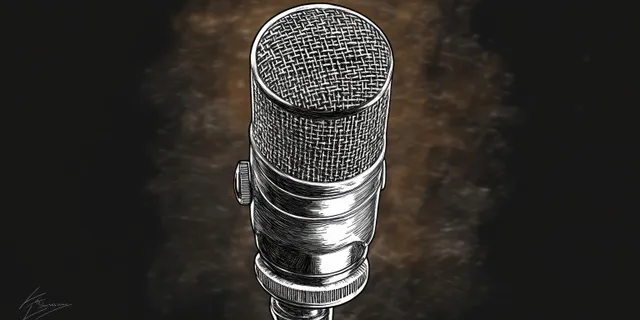 Vintage studio microphone illustration with textured grill and metallic body rising from a dark smoky background.