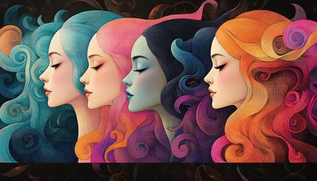 Four serene women in side profile with closed eyes, their flowing multicolor hair blending into swirling abstract patterns.