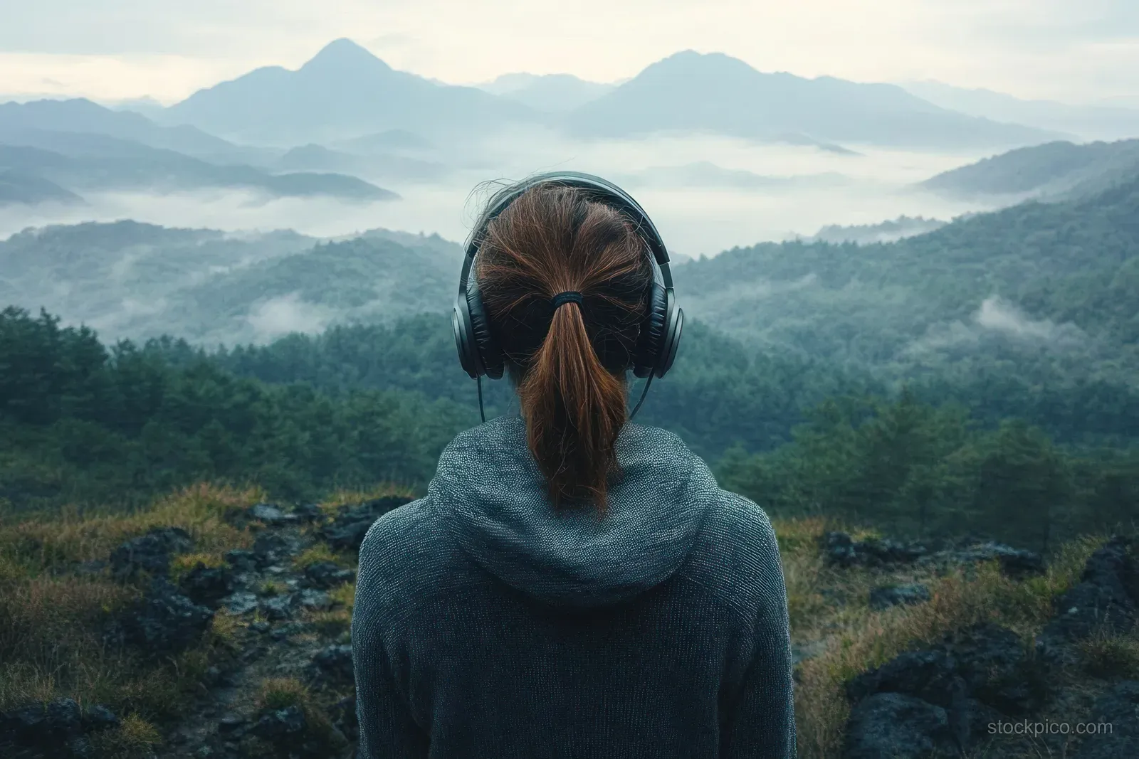 A woman in headphones listens to music while sitting on a mountain ridge surrounded by foggy valleys.