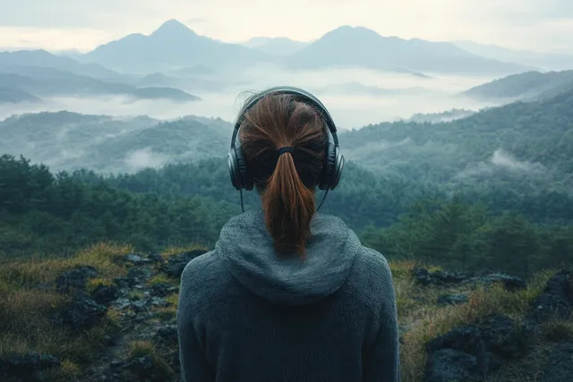 A woman in headphones listens to music while sitting on a mountain ridge surrounded by foggy valleys.