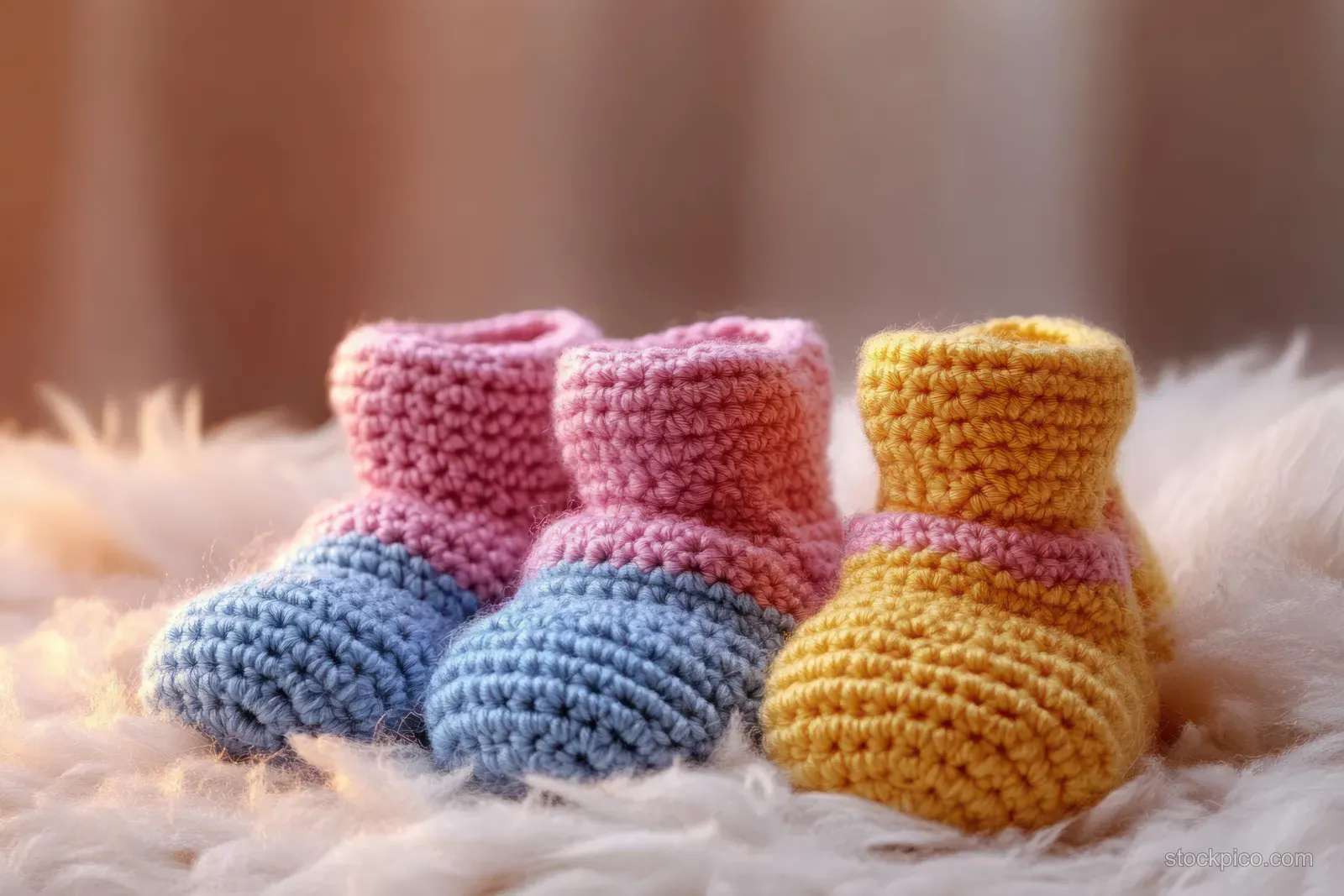Two pairs of pastel crocheted baby booties sit on soft fur with pink, blue, and mustard tones.