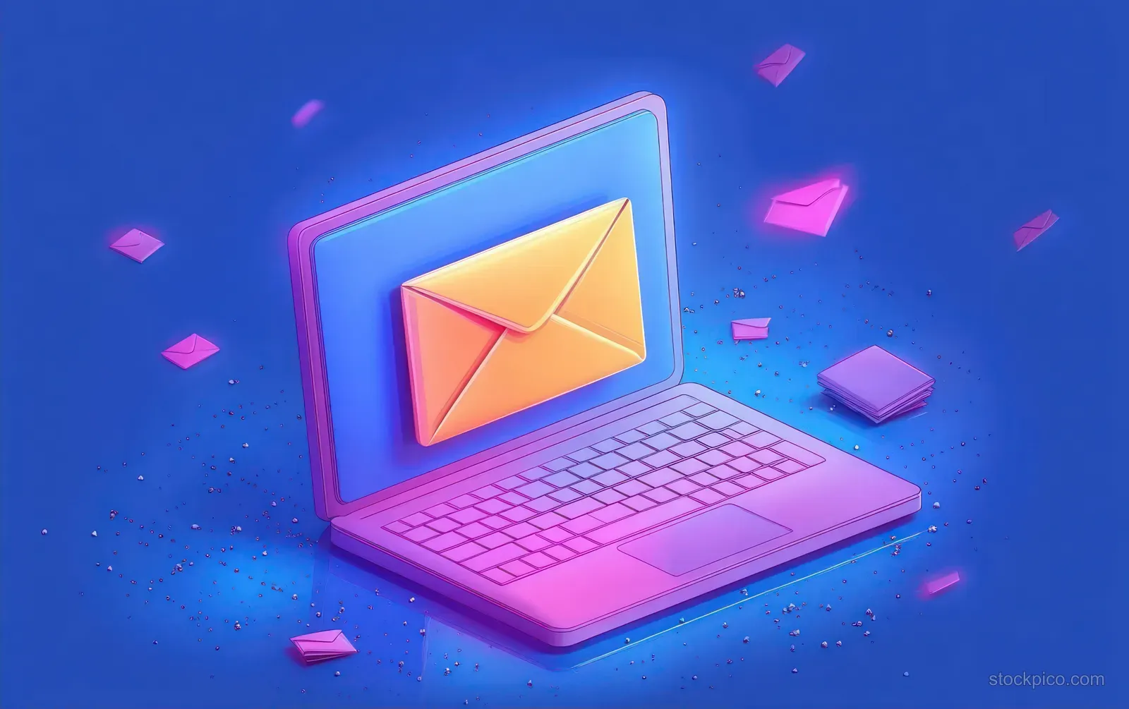 Colorful illustration of a laptop with a yellow envelope icon and smaller flying envelopes in a blue email background.