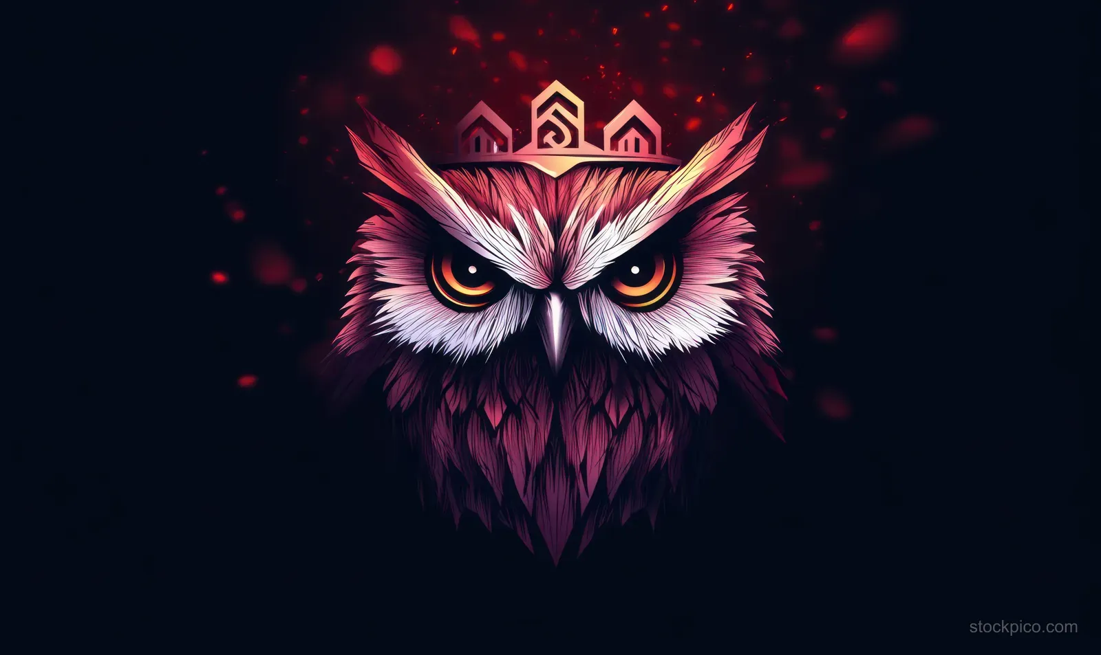 Regal owl head with glowing eyes and ornate crown against a dark background filled with vivid red light particles.