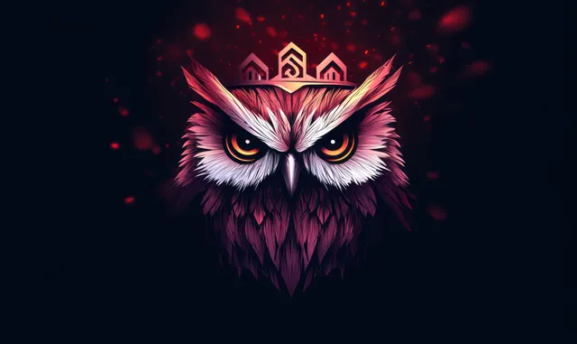 Fierce Glowing Owl Crown Portrait in Red Particle Darkness