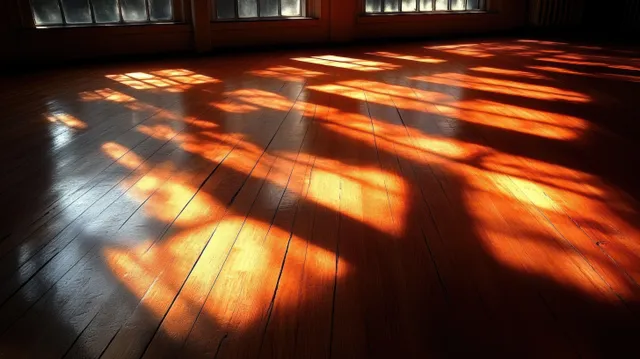 Warm afternoon sunlight creates intricate window-shadow patterns across a wooden floorboards indoors