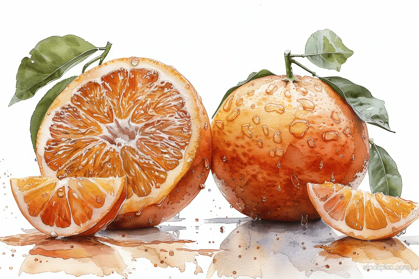 Two watercolor oranges and cut slices with green leaves and small juice splashes isolated on white.
