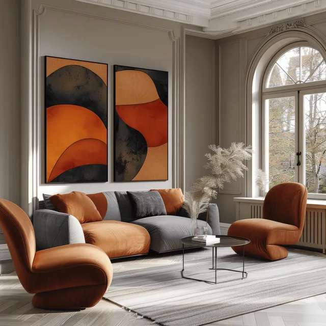 Scandinavian living room with blue and orange armchairs, wooden table, and geometric wall art