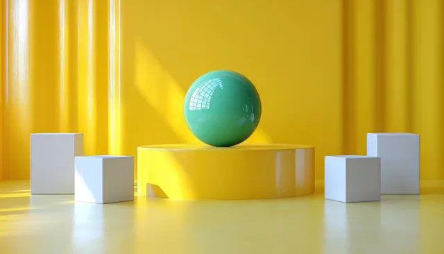 Green sphere leading white cubes on yellow pedestal, abstract leadership strategy progress concept