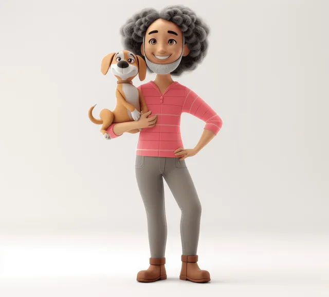 Cartoon character holding a small dog on white studio background with soft shadow