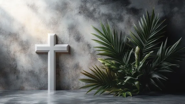 A white cross stands beside lush tropical leaves against a textured gray wall with soft shadows.