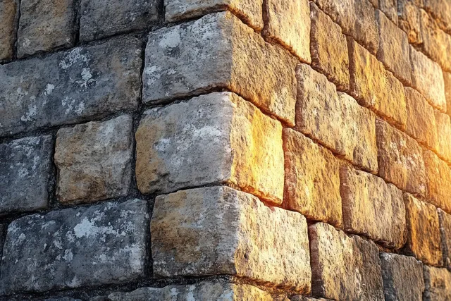 Warm sunlight highlights the rough corner of a weathered stone brick wall with visible mortar and natural color tones.