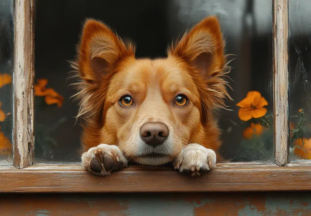 A Jack Russell terrier looks through a glass window with its paws resting on the sill, watching outside.